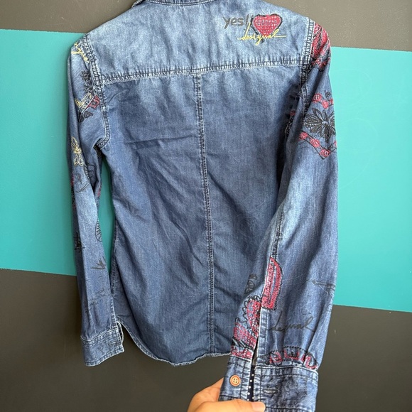 Desigual Blue Denim Shirt with Red Embroidery - Picture 8 of 10